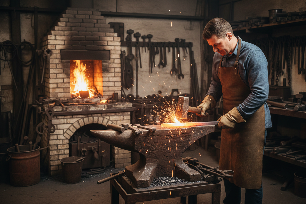 Forging titanium tools in a forge. Image format 1200 x 628